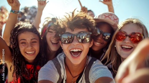 Diverse group of young friends enjoying outdoor festival with excitement
