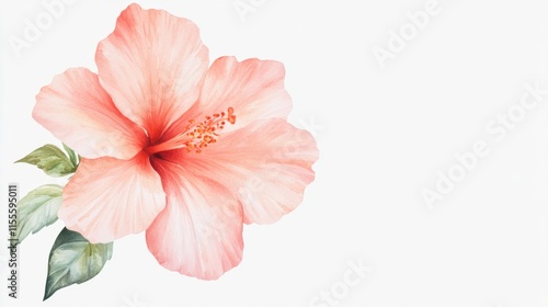 A delicate pink hibiscus flower with soft petals and green leaves, set against a plain background, conveying beauty and nature.