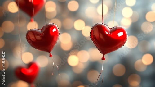 Red heart shaped balloons floating against a blurred background.