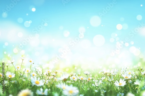 Bright and Cheerful Meadow of Daisies Under a Beautiful Blue Sky with Soft Bokeh Effect, Perfect for Nature and Spring Themes in Stock Photography