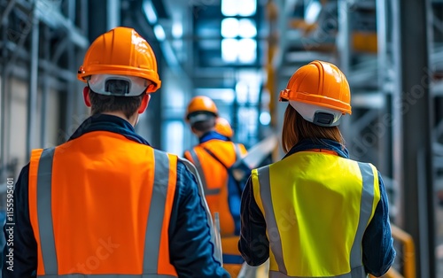 Two construction workers wearing safety helmets and vests walking through an industrial site, symbolizing teamwork and safety in the workplace. photo