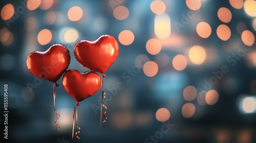 Red heart shaped balloons floating against a blurred background.