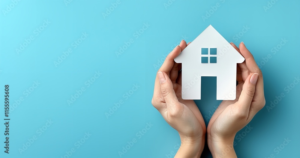 A paper cutout of a house is held in hands against a blue background, Generative Ai. A paper cutout of a house is held in hands against a blue background, Generative Ai.
