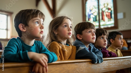 A group of young children are seated in wooden pews, watching attentively as sunlight filters through colorful stained glass windows in a serene chapel. Their expressions reflect curiosity and wonder