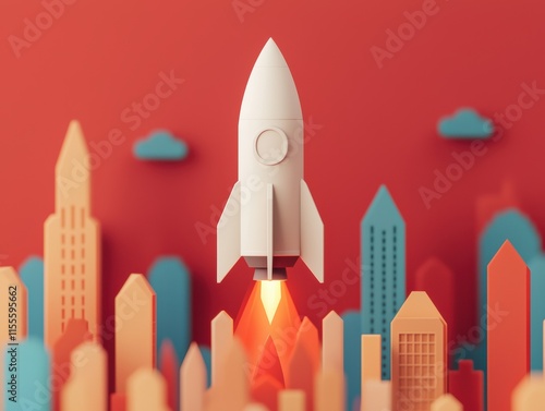 White rocket launching from colorful cityscape, business opportunity concept photo