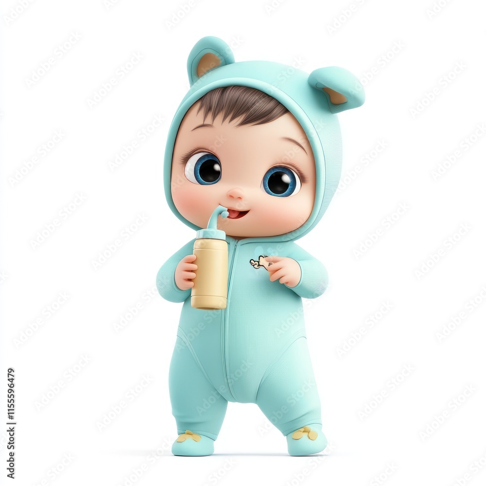 A baby in a onesie holding a bottle. vector style art 3d illustration Isolated on White Background A baby in a onesie holding a bottle. vector style art 3d illustration Isolated on White Background
