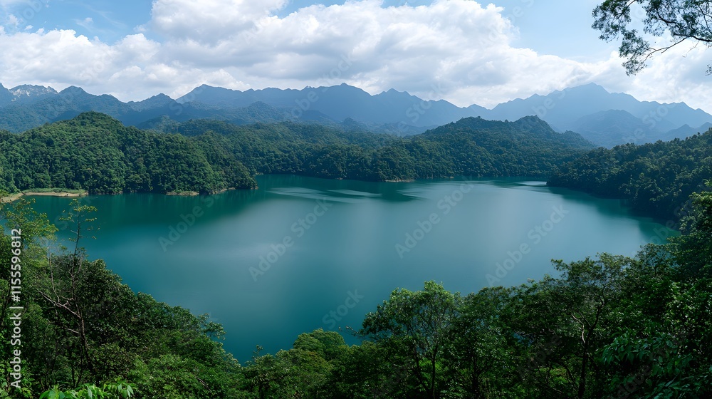 Lush Green Mountains Surrounding a Serene Lake with Clear Blue Waters Under a Bright Sky and Fluffy Clouds in a Picturesque Landscape View Lush Green Mountains Surrounding a Serene Lake with Clear Blue Waters Under a Bright Sky and Fluffy Clouds in a Picturesque Landscape View