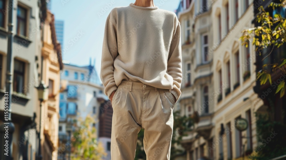 Beige Outfit in Urban Setting: Man in Casual Wear on City Street Beige Outfit in Urban Setting: Man in Casual Wear on City Street