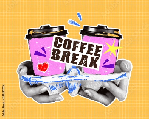 Coffee break retro collage style. Hands with halftone effect hold two paper coffee cups drawn with multicolored pencils with grainy texture. Trendy paper clippings of Y2K aesthetics.