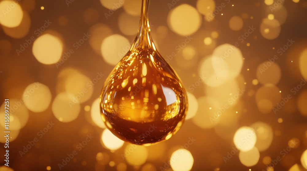 Golden oil drop falling, bokeh background. Golden oil drop falling, bokeh background.
