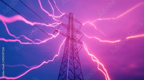 A dramatic image of a power tower surrounded by vibrant purple lightning, illustrating the power of nature and electricity.