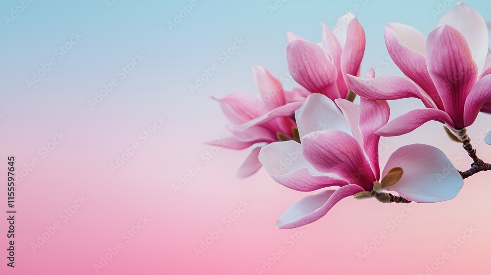 Delicate Pink Magnolia Blossoms Against a Soft Pastel Sky Delicate Pink Magnolia Blossoms Against a Soft Pastel Sky