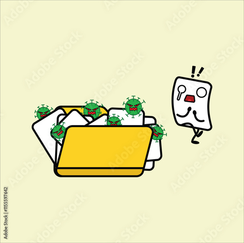 Cartoon illustration depicts a disorganized yellow folder.Vector design. Eps 10.