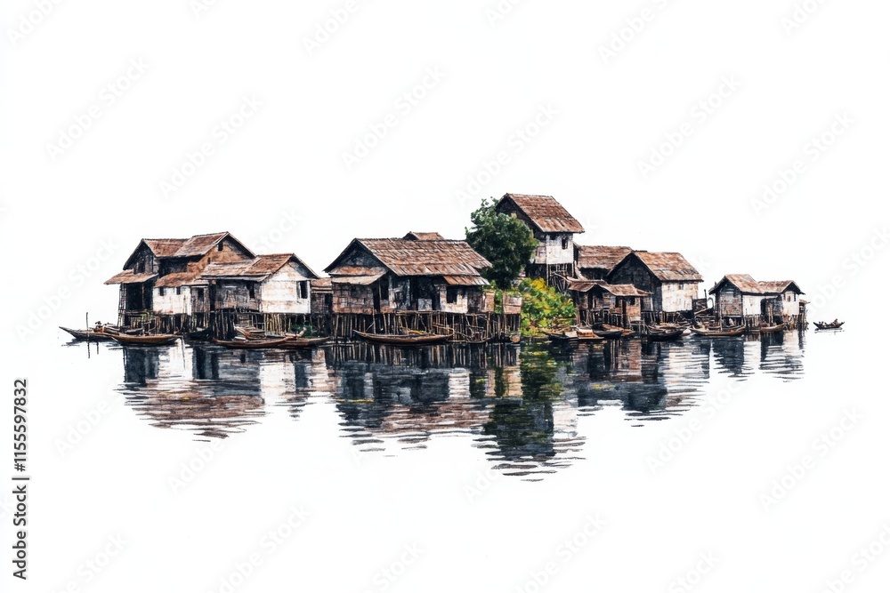 A flat 2D drawing of Cambodian floating houses with small boats and reflections on a calm lake, all set against a clean white backdrop A flat 2D drawing of Cambodian floating houses with small boats and reflections on a calm lake, all set against a clean white backdrop