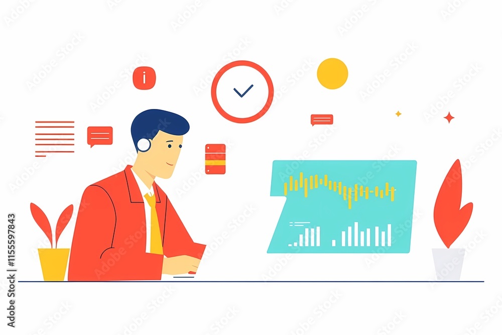 Customer Service Representative Illustration: A flat design illustration featuring a customer service representative wearing a headset, focused on their task in a busy office setting. Customer Service Representative Illustration: A flat design illustration featuring a customer service representative wearing a headset, focused on their task in a busy office setting.