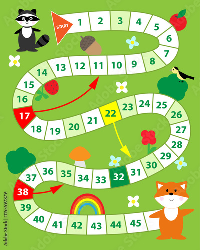 Board game with animals characters. Vector kids dice game.