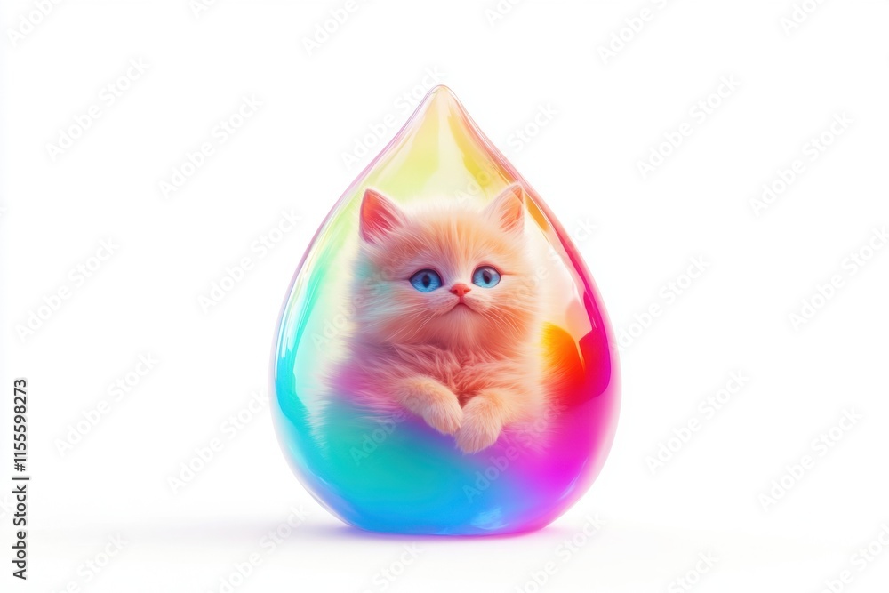 Obraz premium A colorful, whimsical illustration of a kitten inside a vibrant, teardrop-shaped gem.