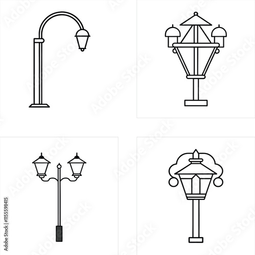  street lamp line art vector illustrations featuring minimalist designs, including various styles of urban and vintage street lamps, ideal for digital projects, architectural themes, and decorative pu