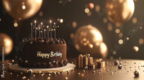 blurred mocha background with ballon and birthday present box and mocha colour cake