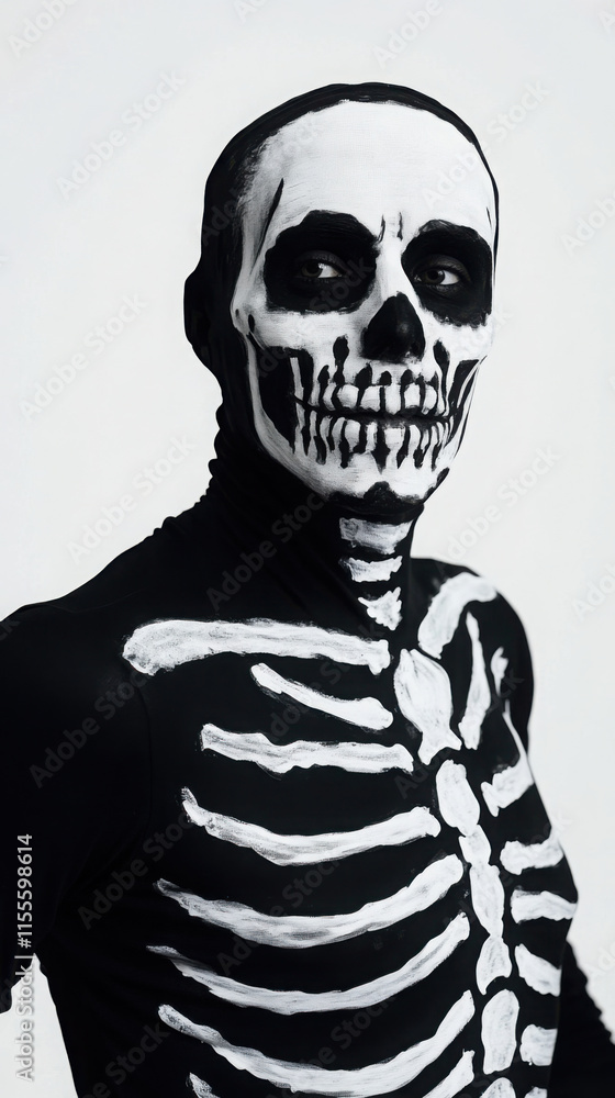 Halloween skeleton costume portrait - face paint design for festive celebrations Halloween skeleton costume portrait - face paint design for festive celebrations