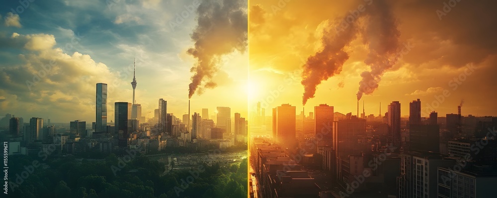 Obraz premium A striking comparison of urban landscapes, showcasing pollution and environmental change from day to dusk with contrasting skies and smoke.