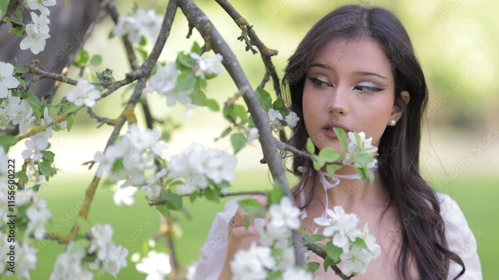 Beautiful Girl with long hair poses near white blossoming apple trees Beautiful Girl with long hair poses near white blossoming apple trees