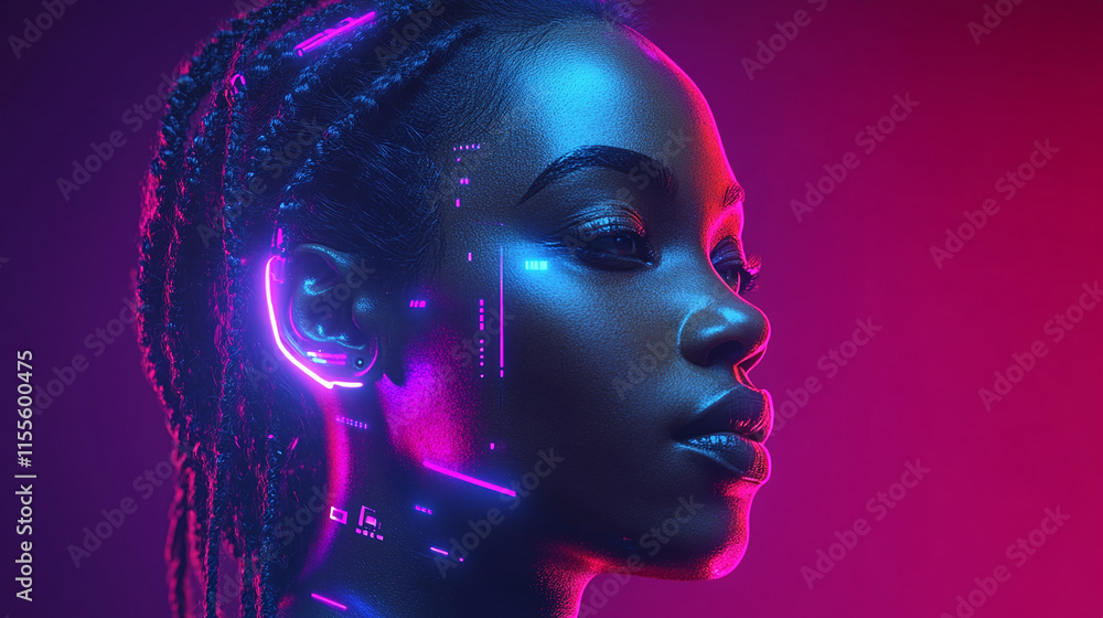 Futuristic 3D render of woman with neon accents, showcasing vibrant and modern aesthetic. glowing elements highlight her features, creating captivating visual experience Futuristic 3D render of woman with neon accents, showcasing vibrant and modern aesthetic. glowing elements highlight her features, creating captivating visual experience