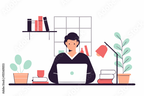 Freelancer Working on Laptop at Cozy Workspace