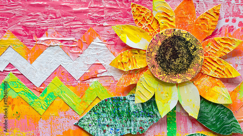 Vibrant Mixed-Media Artwork Featuring Stylized Sunflower photo