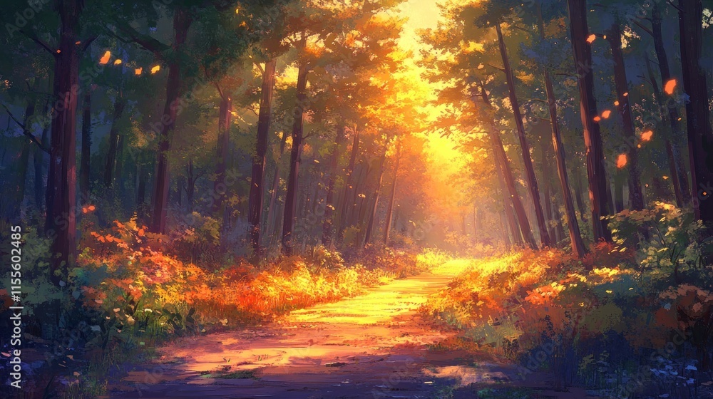 Sunlit autumn forest path. Sunlit autumn forest path.