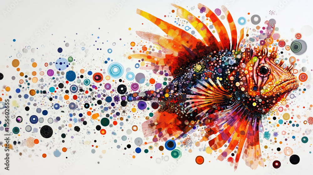 Lion fish from the particles. The lion fish consists of circles and dots. Lion fish falls apart on the molecule. Lion fish from the particles. The lion fish consists of circles and dots. Lion fish falls apart on the molecule.