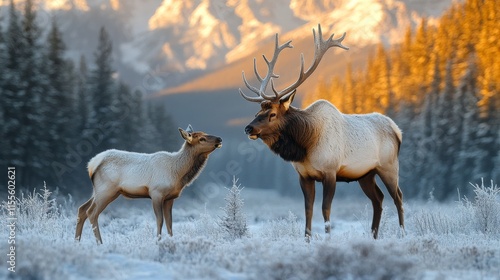 Majestic elk stands in a frosty landscape with mountains in the background du...