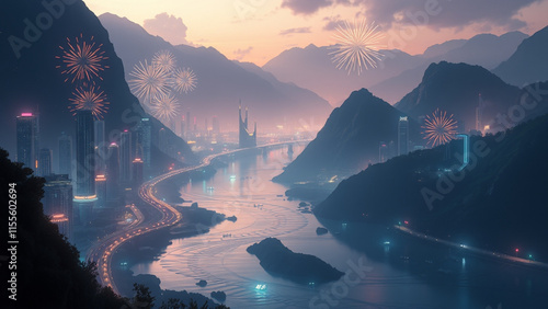 Fireworks in the night sky over the mountain and the river.