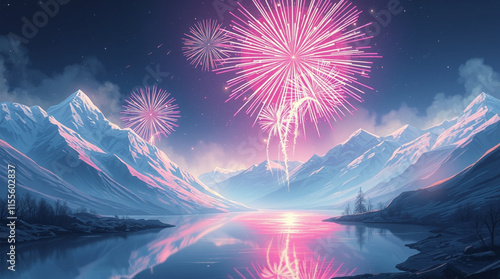 Fireworks in the night sky over the mountain and the river.
