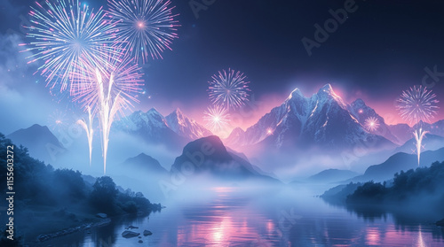 Fireworks in the night sky over the mountain and the river.