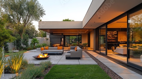 Modern outdoor lounge area featuring fire pit and comfortable seating in tran...