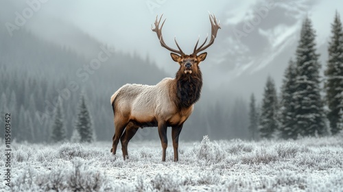 Majestic elk stands in a frosty landscape with mountains in the background du...
