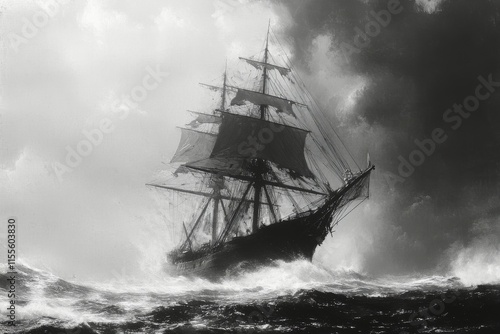 Stormy seas challenge a majestic sailing ship navigating turbulent waters at ...