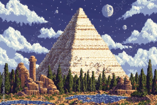 A pixel art timeline of history with iconic moments like ancient pyramids, medieval castles, and astronauts landing on the moon, all rendered in a retro 8-bit style photo