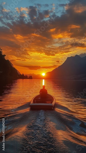 Sunset kayak experience on tranquil water with vibrant orange hues in the bac...