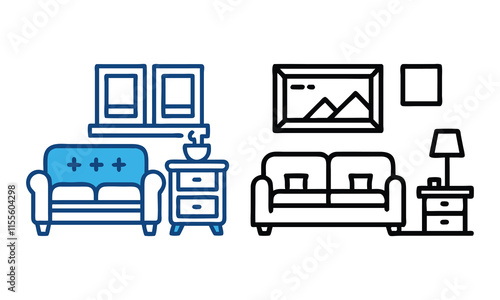 Living Room Furniture and Decor Icon Set, A pair of vector icons featuring living room furniture and decor elements, including sofas, side tables, lamps, and wall art, perfect for interior design conc