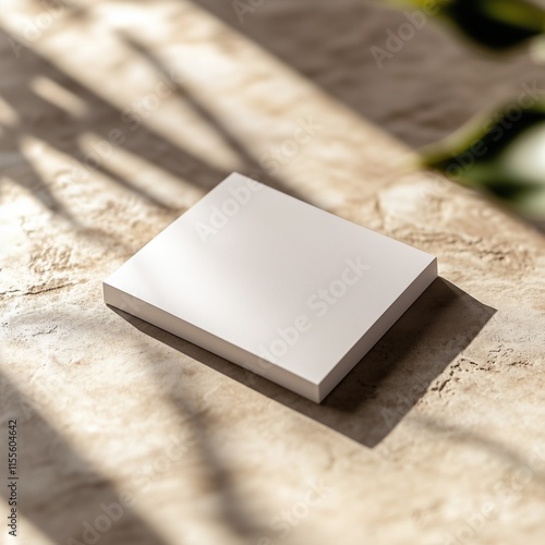 Blank card on stone surface with natural sunlight shadows