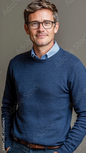 Confident man in navy sweater poses for portrait with relaxed expression in n...