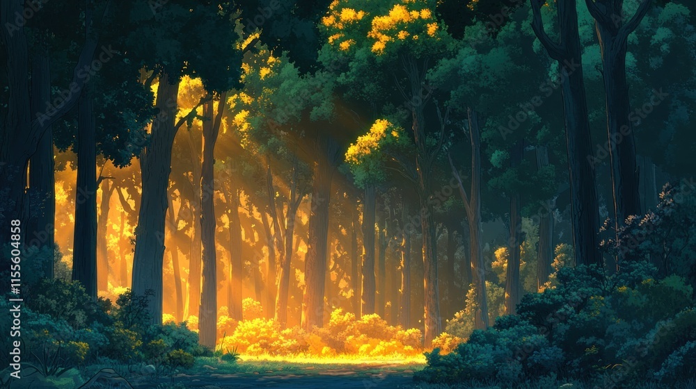 Fototapeta premium Sunlit path through lush green forest. (1)