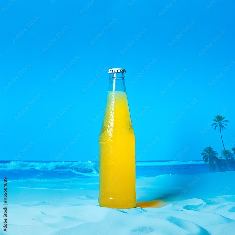 Plane mango drink bottle, glass bottle in blue baground Plane mango drink bottle, glass bottle in blue baground
