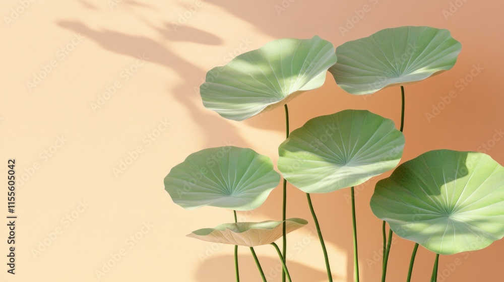 Obraz premium Soft light illuminates lush green lotus leaves against a peach background.