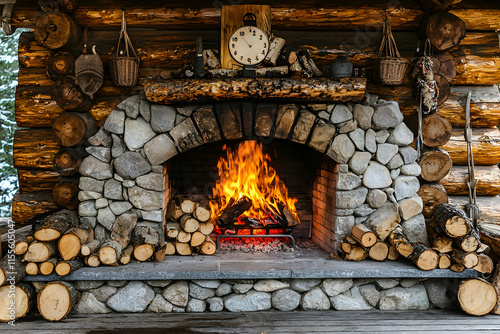 Rustic stone fireplace with burning wood, logs, and vintage clock in a cozy log cabin setting. Perfect for autumn, winter, or holiday themes. photo