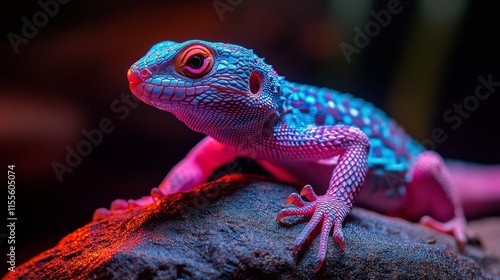 Vibrant spotted lizard basking on a rock in a colorful habitat
