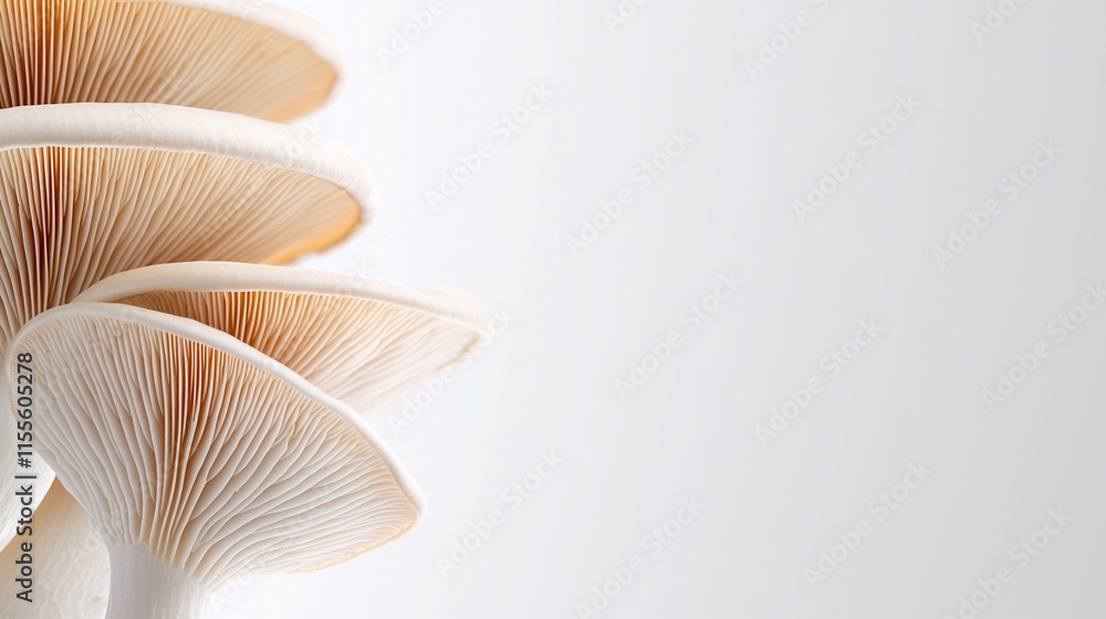 Close-up of delicate oyster mushrooms on white background. Close-up of delicate oyster mushrooms on white background.