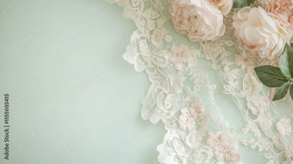 Pale pink peonies and delicate lace on a light teal background. Pale pink peonies and delicate lace on a light teal background.